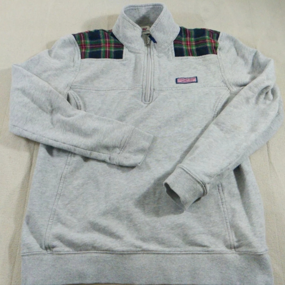 Vineyard Vines Womens Sweater Small Gray Pullover Plaid Tartan Zip Sweatshirt